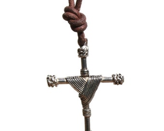 Men's Pewter Cross Necklace: Handmade Surfer Jewelry, Brown Leather Cord