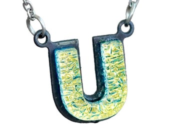 U Initial letter Necklace Font Gift for Her Gold color Fused Dichroic Glass on a Stainless Steel base