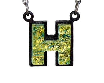 Initial letter Necklace H Gift for Her - Gold color Fused Dichroic Glass on a Stainless Steel base