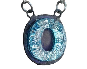 O Initial letter Necklace Gift for Her - Silver color Fused Dichroic Glass on a Stainless Steel base