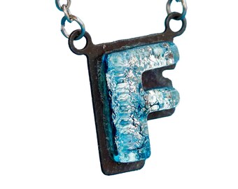 F letter Initial Necklace Personalized Gift for her Silver color Fused Dichroic Glass on a Stainless Steel base