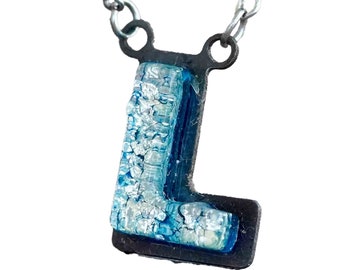 L letter Initial Necklace Personalized Gift for Her- Silver color Fused Dichroic Glass on a Stainless Steel base