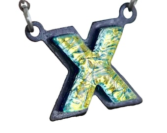 X Initial letter Necklace Font Gift For Her Gold color Fused Dichroic Glass on a Stainless Steel base