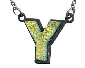 Y Initial letter Necklace Font Gift For Her Gold color Fused Dichroic Glass on a Stainless Steel base