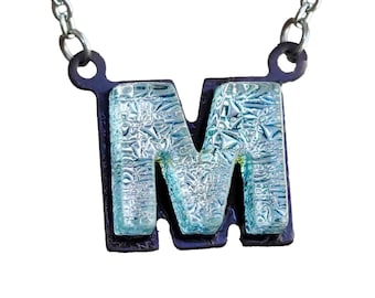 Initial letter Necklace M Gift for Her - Silver color Fused Dichroic Glass on a Stainless Steel base