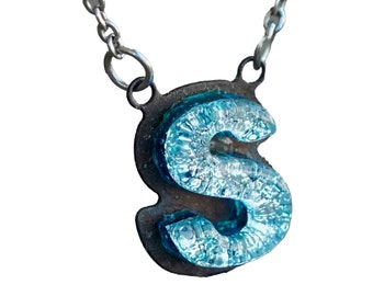 S Initial letter Necklace Font Gift for Her Silver color Fused Dichroic Glass on a Stainless Steel base