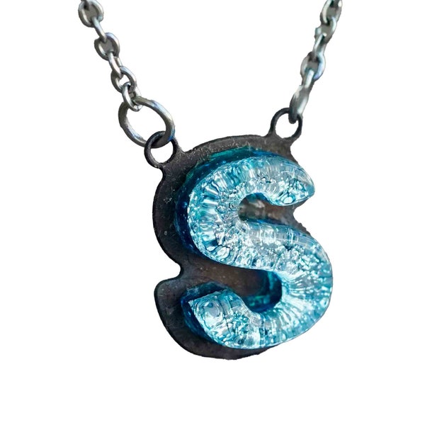 S Initial letter Necklace Font Gift for Her Silver color Fused Dichroic Glass on a Stainless Steel base
