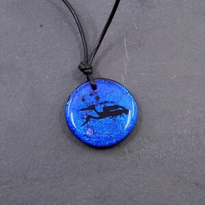 Scuba Diving gift diver necklace round Pendant Made of Blue Fused Dichroic Glass.