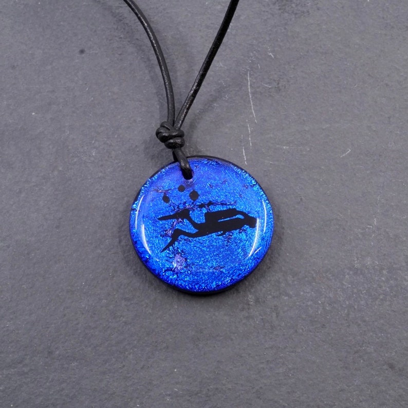 Scuba Diving gift diver necklace round Pendant Made of Blue Fused Dichroic Glass.