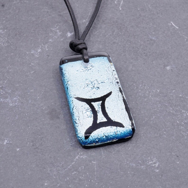 Gemini Zodiac Sign Minimalist Necklace horoscope jewelry silver color dichroic glass Handmade By ZulaSurfing