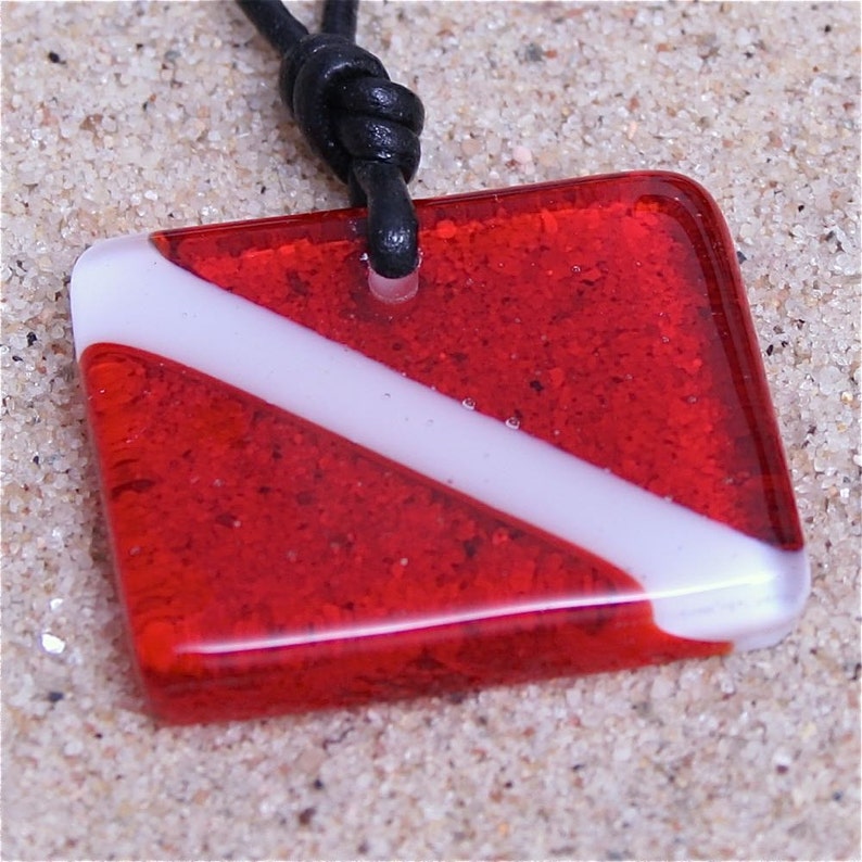 Scuba diving gift diver down flag pendant made of fused glass handmade by a diver in our studio in Florida set with leather cord of stainless steel chain