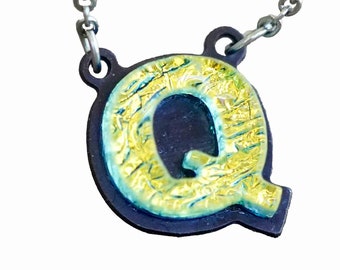 Q Initial letter Necklace Font Gift for Her Gold color Fused Dichroic Glass on a Stainless Steel base