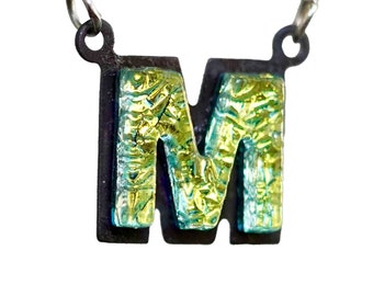 Initial letter Necklace M Gift for Her - Gold color Fused Dichroic Glass on a Stainless Steel base