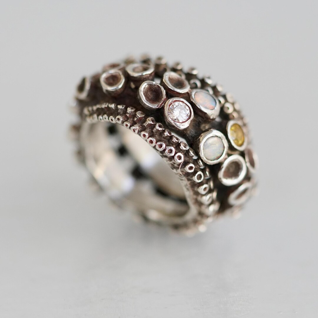 Optus Ring Handmade Sterling Silver Octopus Ring: Sapphire & Opal Accent ...