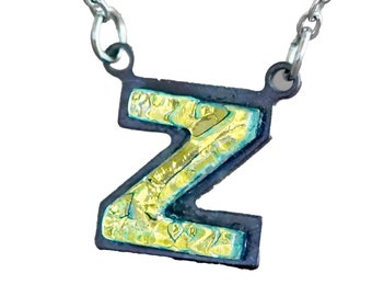 Z Initial letter Necklace Font Gift for Her Gold color Fused Dichroic Glass on a Stainless Steel base