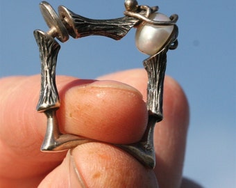 Handmade Sterling Silver Bamboo Ring with White Pearl - Size 6 1/2