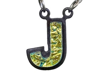 J letter Initial Necklace Personalized Gift for Her- Gold color Fused Dichroic Glass on a Stainless Steel base