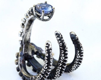 Octopus Ring Claw Ring With a Tanzanite Ring, stone Set in 14k White Gold Adjustable Size Handmade by Zulasurfing