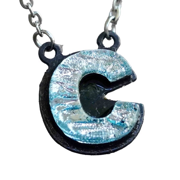 C letter Initial Necklace Personalized Gift for her Silver color Fused Dichroic Glass on a Stainless Steel base