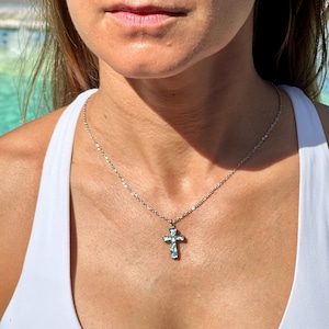 Dichroic Glass Cross Necklace Minimalist Sterling Silver Bail  Women Perfect For Beach And Surfing Enthusiasts Available With Gift Wrapping
