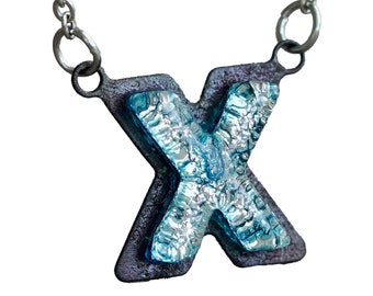 X Initial letter Necklace Font Gift For Her silver color Fused Dichroic Glass on a Stainless Steel base