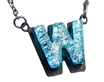 W Initial letter Necklace Font Gift for Her- Silver color Fused Dichroic Glass on a Stainless Steel base