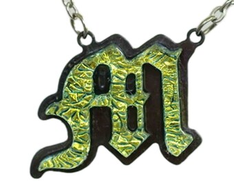 Initial letter Necklace M Gift for Her - Old English Font Gold color Fused Dichroic Glass on a Stainless Steel base