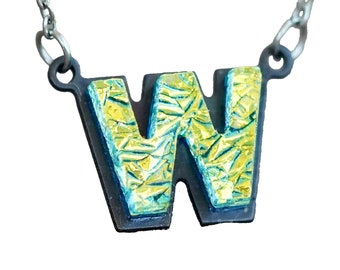 W Initial letter Necklace Font Gift for Her Gold color Fused Dichroic Glass on a Stainless Steel base