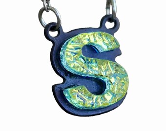 S Initial letter Necklace Font Gift for Her Gold color Fused Dichroic Glass on a Stainless Steel base