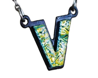 V Initial letter Necklace Font Gift for Her Gold color Fused Dichroic Glass on a Stainless Steel base