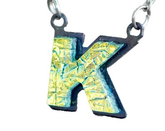 K Initial letter Necklace Font Gift For Her Gold color Fused Dichroic Glass on a Stainless Steel base