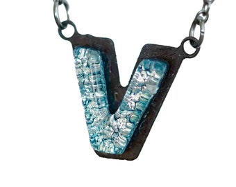 V Initial letter Necklace Font- Gift For Her - Silver color Fused Dichroic Glass with a Stainless Steel base