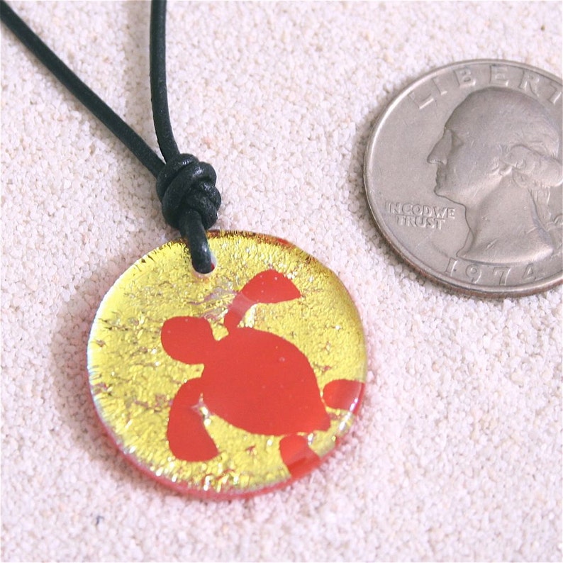 Sea Turtle Dichroic Glass Gold Color on Red Pendant Hawaiian Jewelry Honu sea turtle image 2