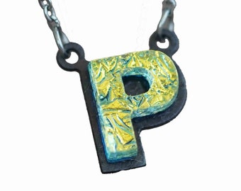 P Initial letter Necklace Font Gift for Her Gold color Fused Dichroic Glass on a Stainless Steel base