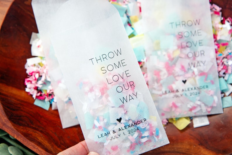 Throw Some Love Small Glassine Envelopes DIY Aisle Exit Personalized with Your Names and Date 40 bags or more image 1