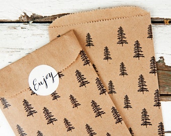 Pine Tree Small Paper Gift Bags  - Wedding, Birthday, Baby, Party Favor Paper Bag - Forest Design -  24 pack - Party Supply #071