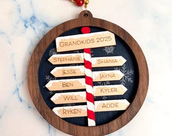Personalized Family Signpost Ornament, Hand-Painted Wood, Walnut Base