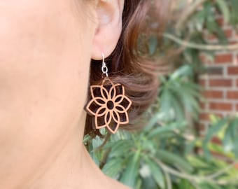 Geometric Flower Wood Earrings, laser cut, cherry, walnut, gift for her