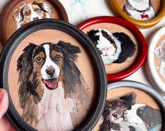 Custom Hand-painted pet portrait from photo, framed on leather, pet memorial