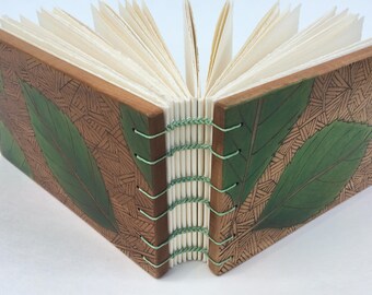 Apple wood journal, sketchbook or guest book with green leaf woodburned design