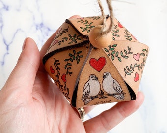Unique Leather Ornament, 3rd anniversary gift for her, third anniversary present for him, for wife, turtle doves and hearts