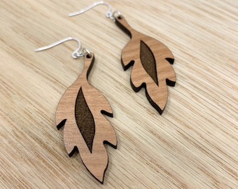 Leaf Design Wood Earrings, laser cut, cherry, walnut, maple, gift for her