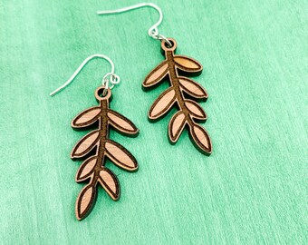 Laser Cut Leaf Earrings: Cherry, Walnut, Maple, Sterling Silver