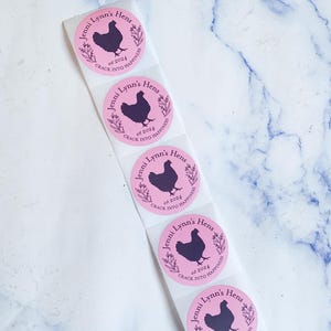 May include: Pink circular stickers with a black hen silhouette, text that reads "Jenni Lynn's Hens" and "est 2024 Crack into Happiness". The stickers are on a white backing.