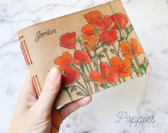 Hand Bound Personalized Leather Journal, Hand-painted, real leather, travel journal, Poppies, red flowers, gift for artist, sketch book