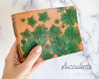 Succulent art leather Journal, Hand-painted real leather travel journal, Unique & Personalizable, gift for artist