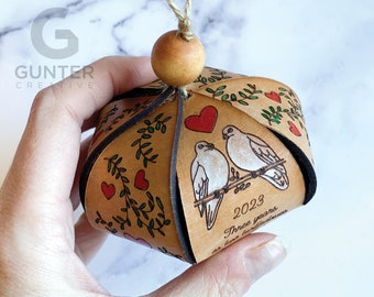 Hand-Painted, Personalized, Leather Ornament with turtle doves and hearts, anniversary gift for her, 3 year anniversary, for him