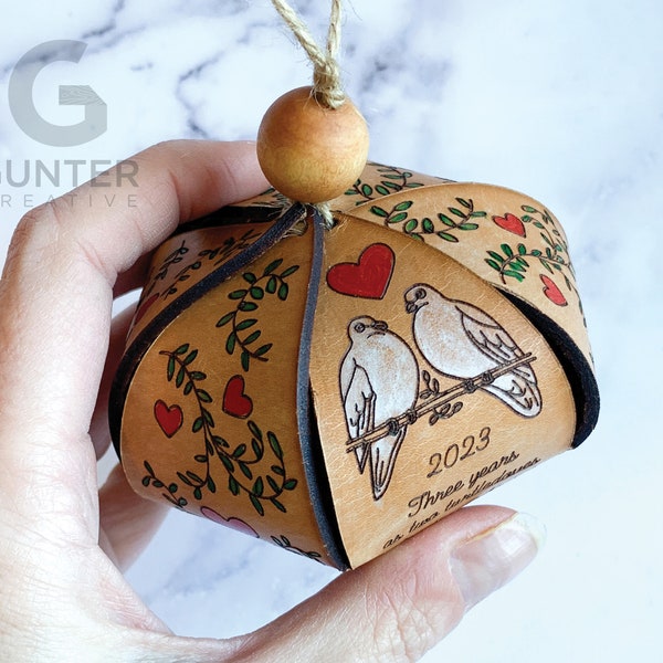 Hand-Painted, Personalized, Leather Ornament with turtle doves and hearts, anniversary gift for her, 3 year anniversary, for him