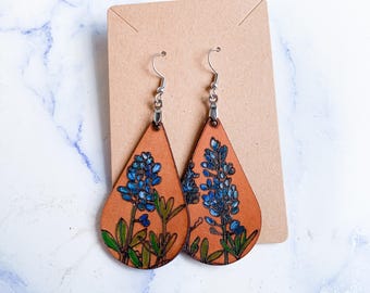 Hand-Painted Leather Bluebonnet Earrings: Texas State Flower