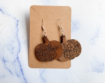 Laser Cut Wood Pumpkin Earrings: Floral Design, Lightweight